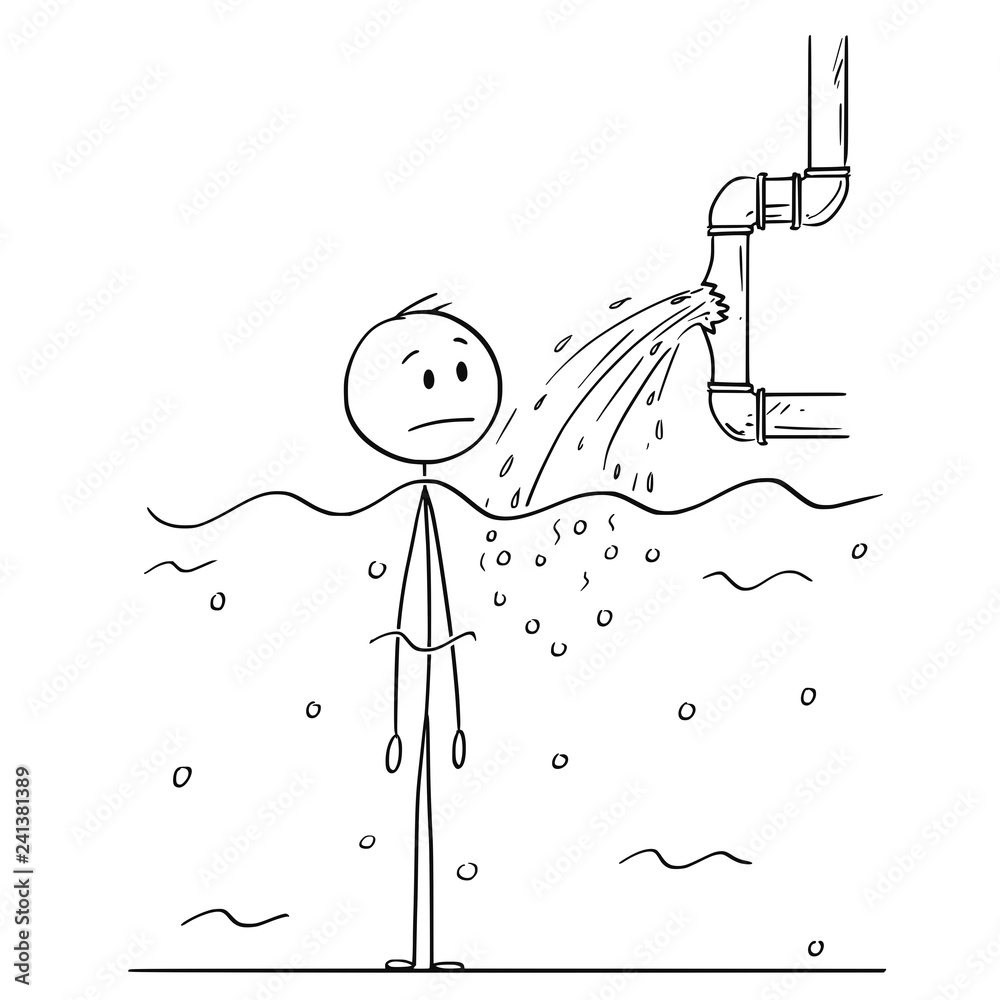 Cartoon stick drawing conceptual illustration of man or businessman  standing up to neck in water watching broken pipe and thinking about the  leaking problem solution unable to solve it. Stock Vector |