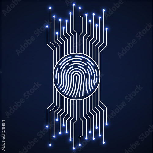 Abstract neon sign fingerprint with circuit board. Technology concept