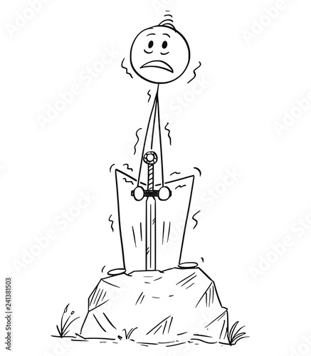 Cartoon stick drawing conceptual illustration of man or businessman pulling the Excalibur sword from the stone as success or achievement metaphor.