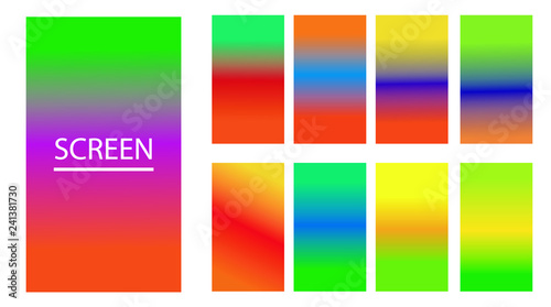 Vector EPS 10 Gradient Set. Different colors. Modern Smartphone screen, mobile app Template. Design for Wallpaper, background, banner, flyer, Social media post. 