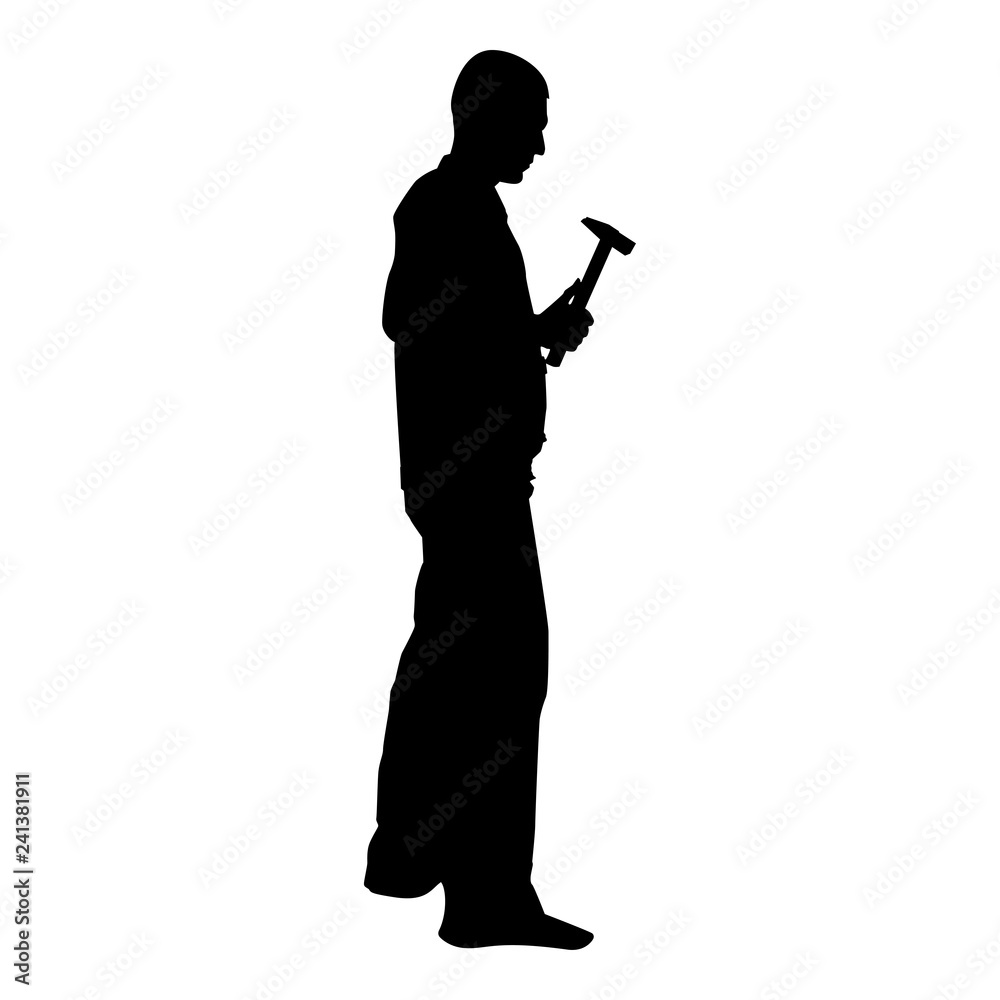 Repairman master man in overalls with tool in his hands hammer icon black color vector illustration flat style image