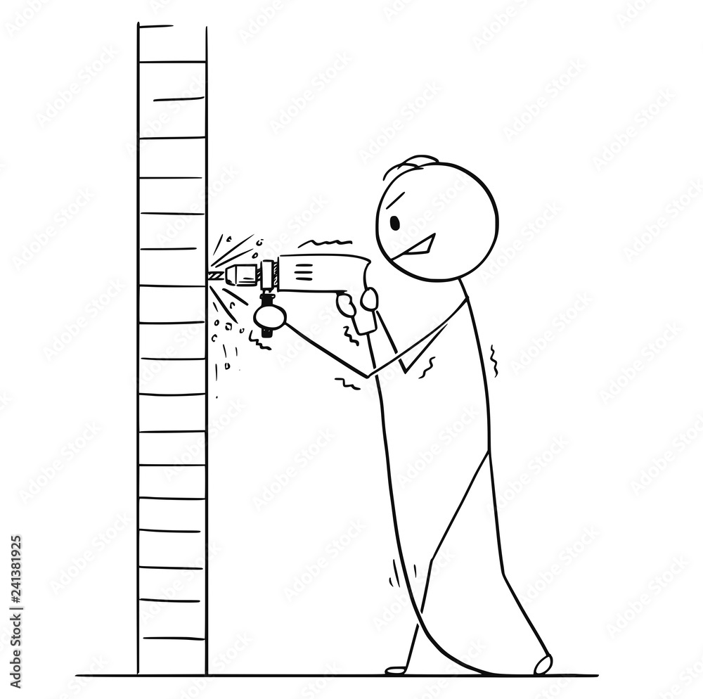 Cartoon stick drawing conceptual illustration of man using power drill to  drilling hole in a wall. Stock Vector | Adobe Stock