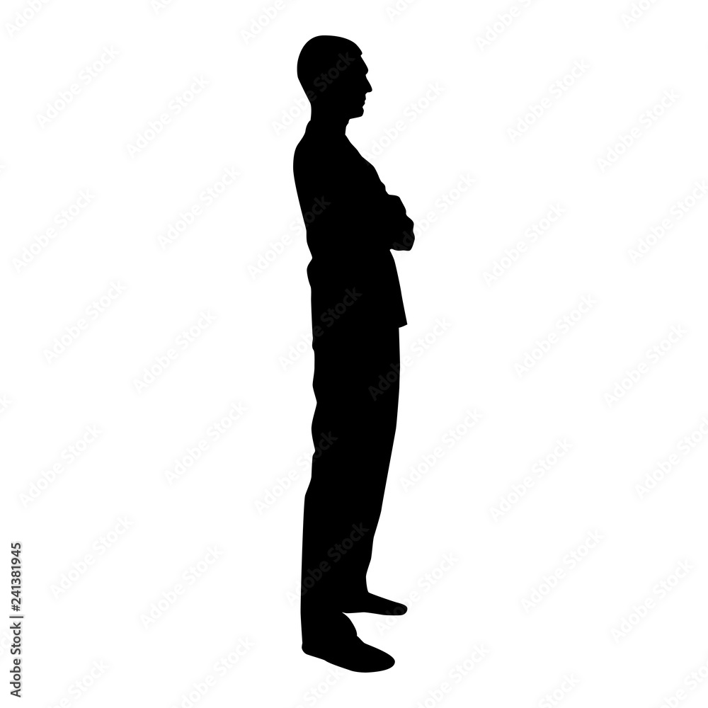 Man standing with hands crossed Dentist surgeon in medical clothes with folded hands on his chest Concept of the end of surgery operation Side view icon black color vector 