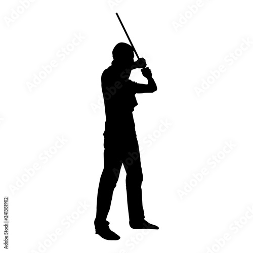 Man with bandana on his face that hides his identity man holds stick in hand Concept of rebellion Concept protest and danger icon black color vector illustration flat style image