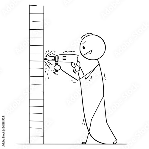 Cartoon stick drawing conceptual illustration of man using power drill to drilling hole in a wall.