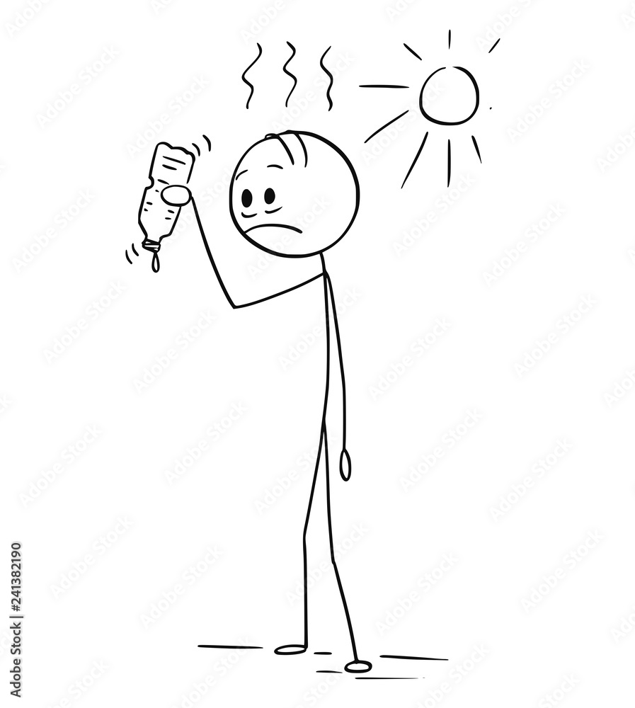Cartoon stick drawing conceptual illustration of thirsty man whose water bottle is empty and he wants to drink. Cartoon stick drawing conceptual illustration of thirsty man whose water bottle is empty and he wants to drink.