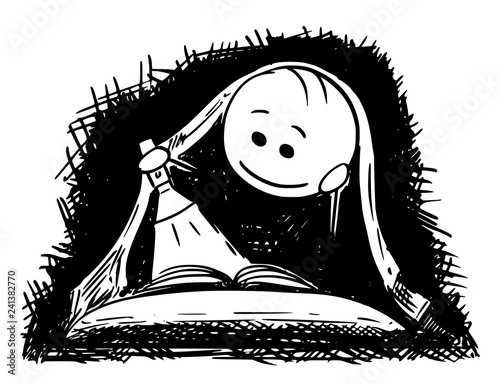 Cartoon stick drawing illustration of man or boy reading a book in bed under blanket with flashlight. Concept of adventures hidden in books.