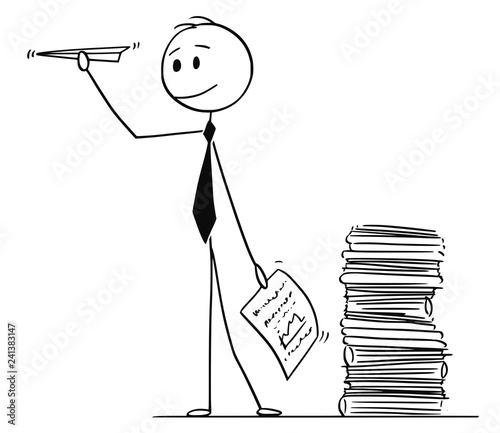 Cartoon stick drawing conceptual illustration of businessman throwing paper airplane toy made from office documents. Concept of bureaucracy and paperwork.