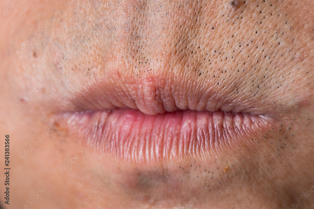 Closeup macro portrait of Man red lip, Human male open close mouth. Body Part of shaved Mustache 40s age Closeup macro portrait of Man red lip, Human male open close mouth. Body Part of shaved Mustache 40s age