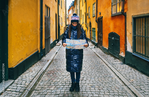 Photography Travel Lifestyle woman traveler map hand street Stockholm