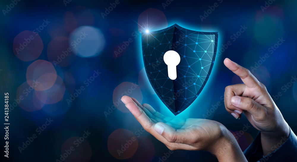 Fotografie Earth polygon mesh planet World Businessmen shake hands to protect information in cyberspace