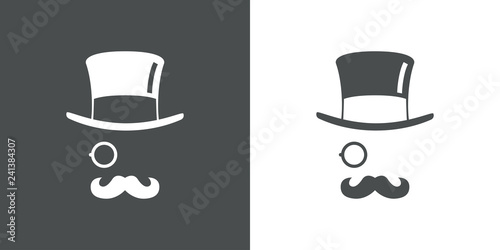 Icono plano con chistera monóculo y bigote en gris y blanco