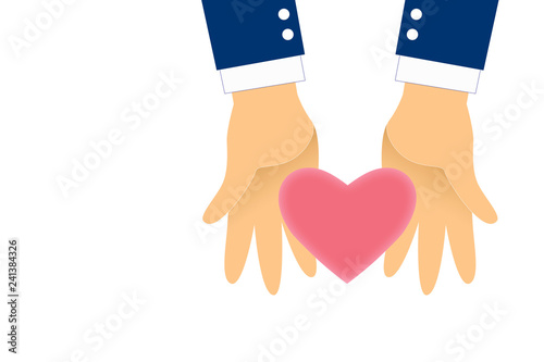 Graphic give heart for you on white background. Isolate pink heart in hand with paths layer for selection.