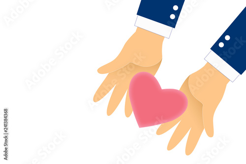 Graphic give heart for you on white background. Isolate pink heart in hand with paths layer for selection.