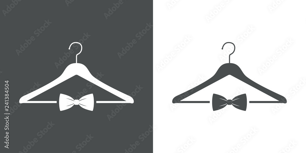 Icono plano con percha y corbata de lazo abajo en gris y blanco Icono plano con percha y corbata de lazo abajo en gris y blanco