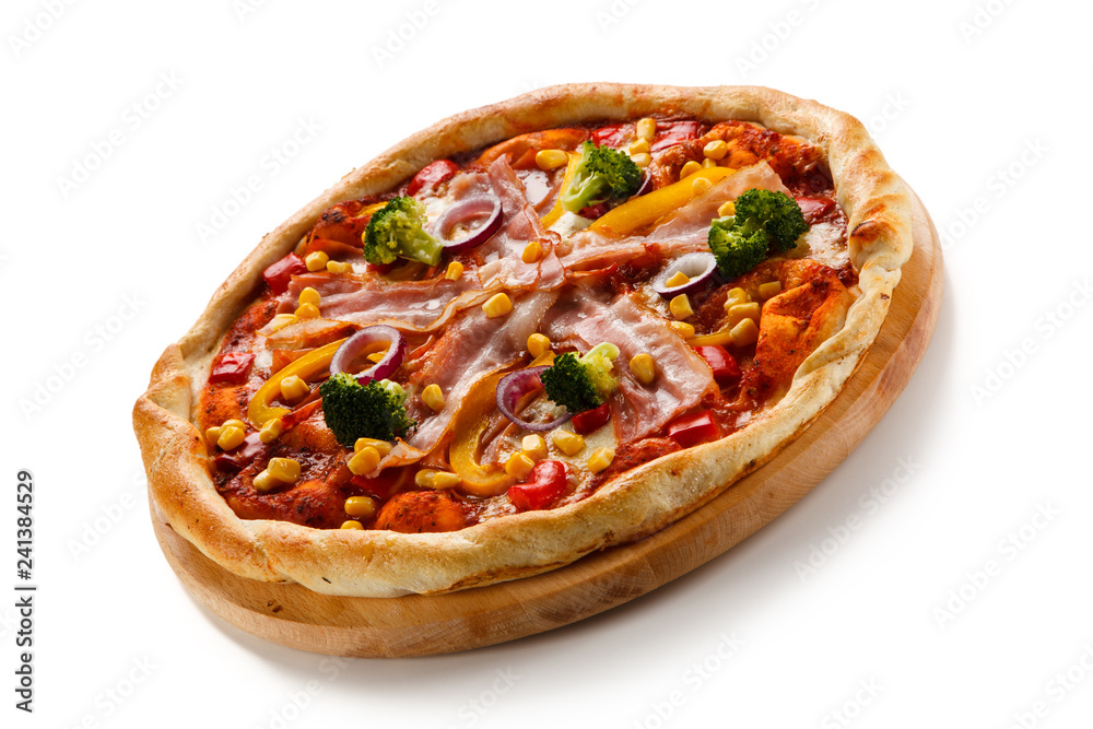 Pizza with bacon and vegetables on cutting board on white background