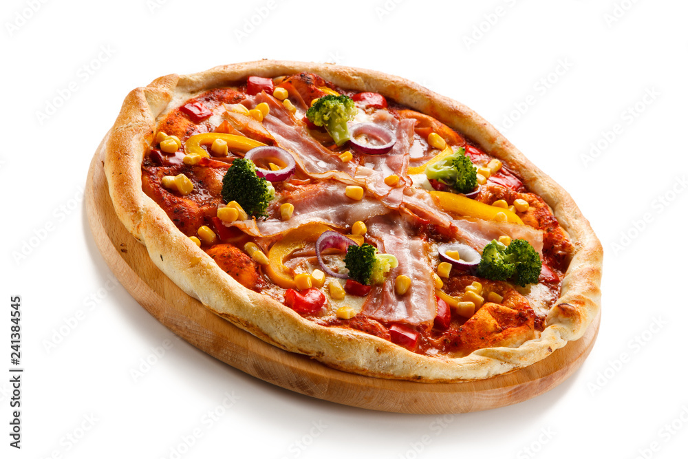 Pizza with bacon and vegetables on cutting board on white background