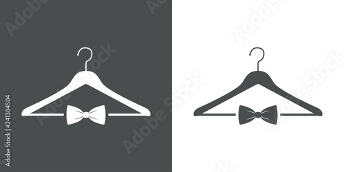 Icono plano con percha y corbata de lazo abajo en gris y blanco
