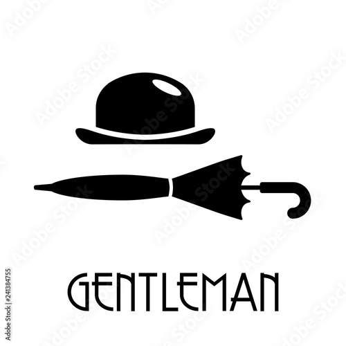 Logotipo con texto GENTLEMAN con bombín y paraguas cerrado horizontal en color negro
