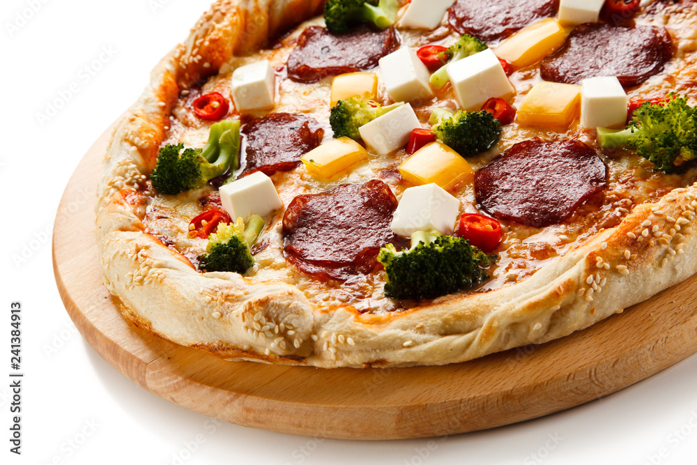Pizza with salmi and feta cheese and vegetables on white background Pizza with salmi and feta cheese and vegetables on white background