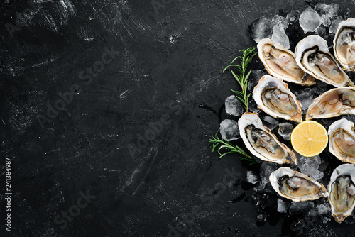 Oysters with ice and lemon on black stone background. Seafood. Top view. Free copy space.
