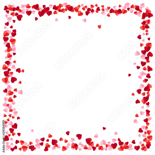 Red and Pink Paper Hearts Frame Background. Hearts Frame with space for Text. Romantic Scattered Hearts Texture. Vector illustration