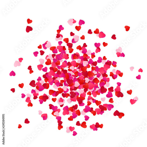 Red and pink scatter paper hearts confetti isolated on white background. Holiday decorative element. Vector illustration