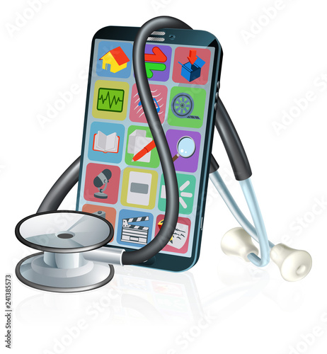 A mobile phone with a stethoscope. A medical health app concept or alternatively related to phone service maintenance and repair. 