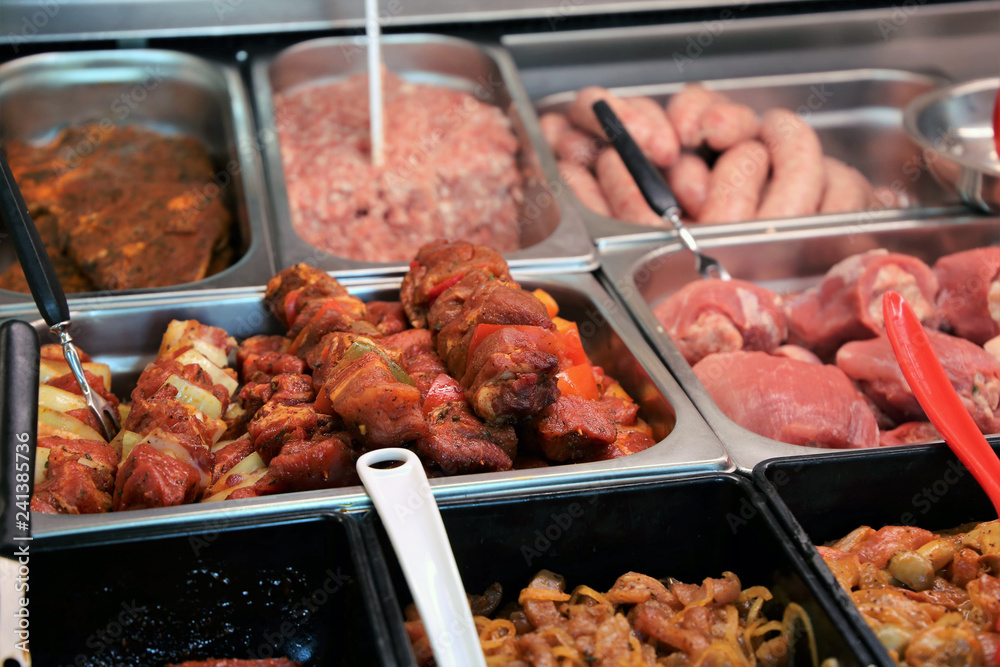 Variety of meat products in the butchery