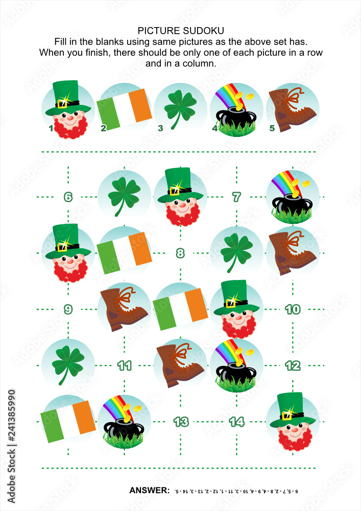 St. Patrick's Day themed picture sudoku puzzle 5x5 (one block). Answer included.
St. Patrick's Day themed picture sudoku puzzle 5x5 (one block). Answer included.