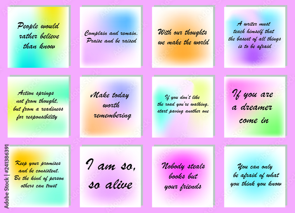 Set of 12 vector Motivation Inspiration Quotes about love. Ready to post in social media, brochure, magazine. 