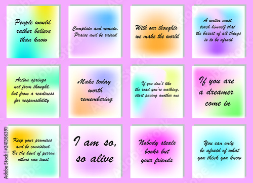 Set of 12 vector Motivation Inspiration Quotes about love. Ready to post in social media, brochure, magazine. 