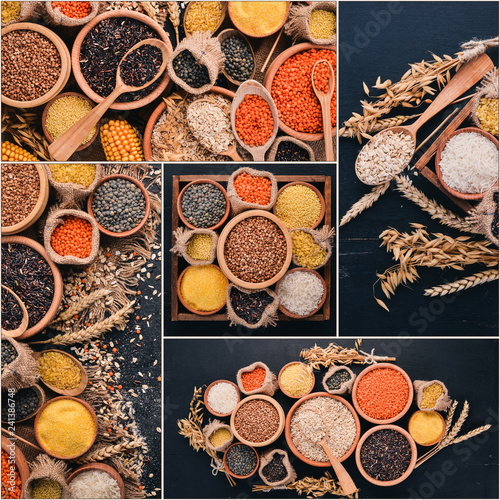 Photo collage Cereals and pulses. Top view.