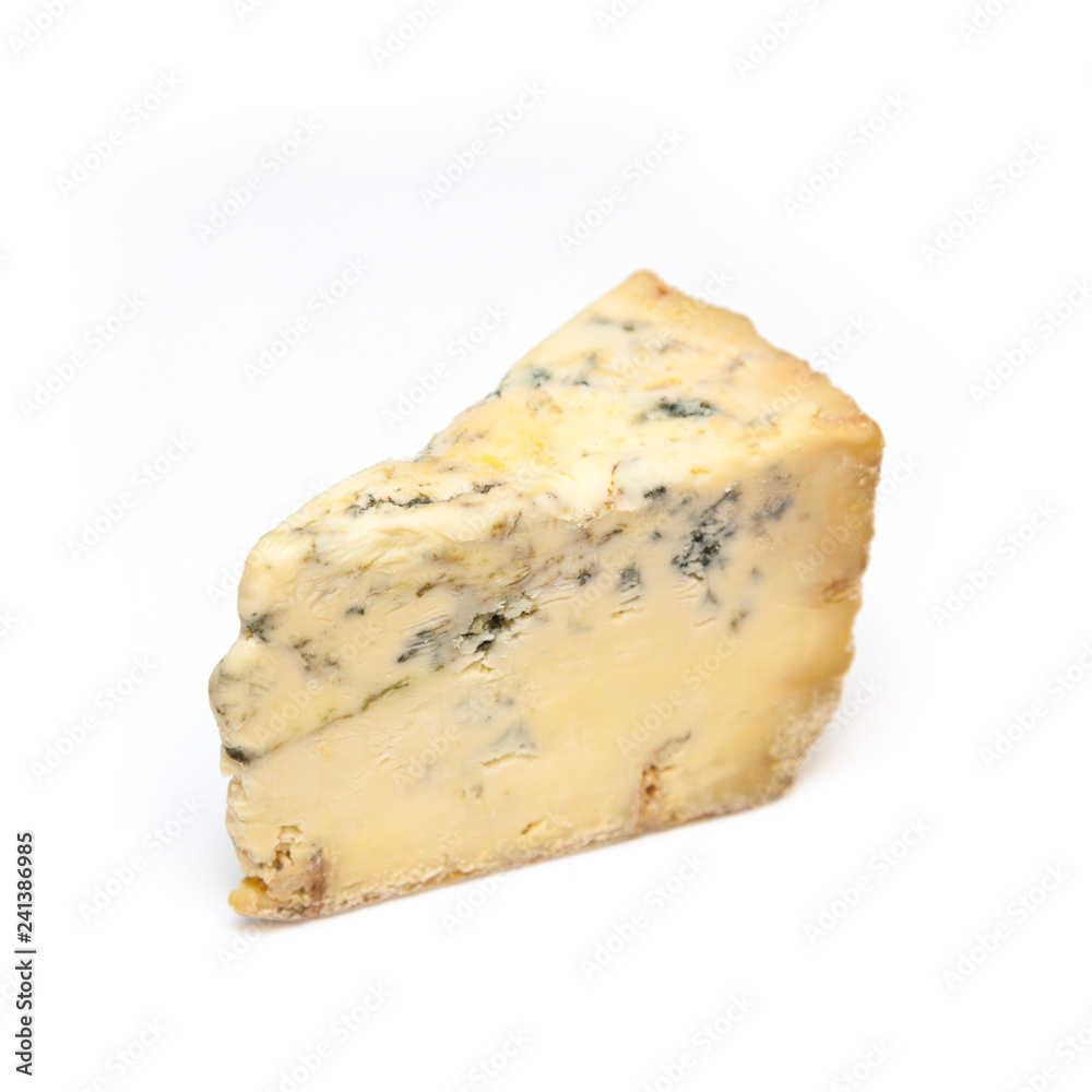 Mature blue stilton cheese isolated on a white studio background.