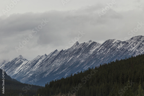 Overcast sky with Mountain view in the Canadian Rockies along the Icefields Parkway in Alberta, Canada.