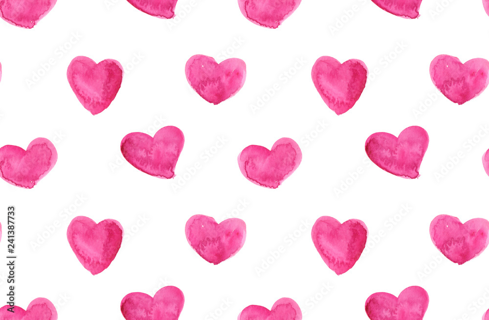 Seamless pattern with bright pink hearts hand painted in watercolor on white isolated background