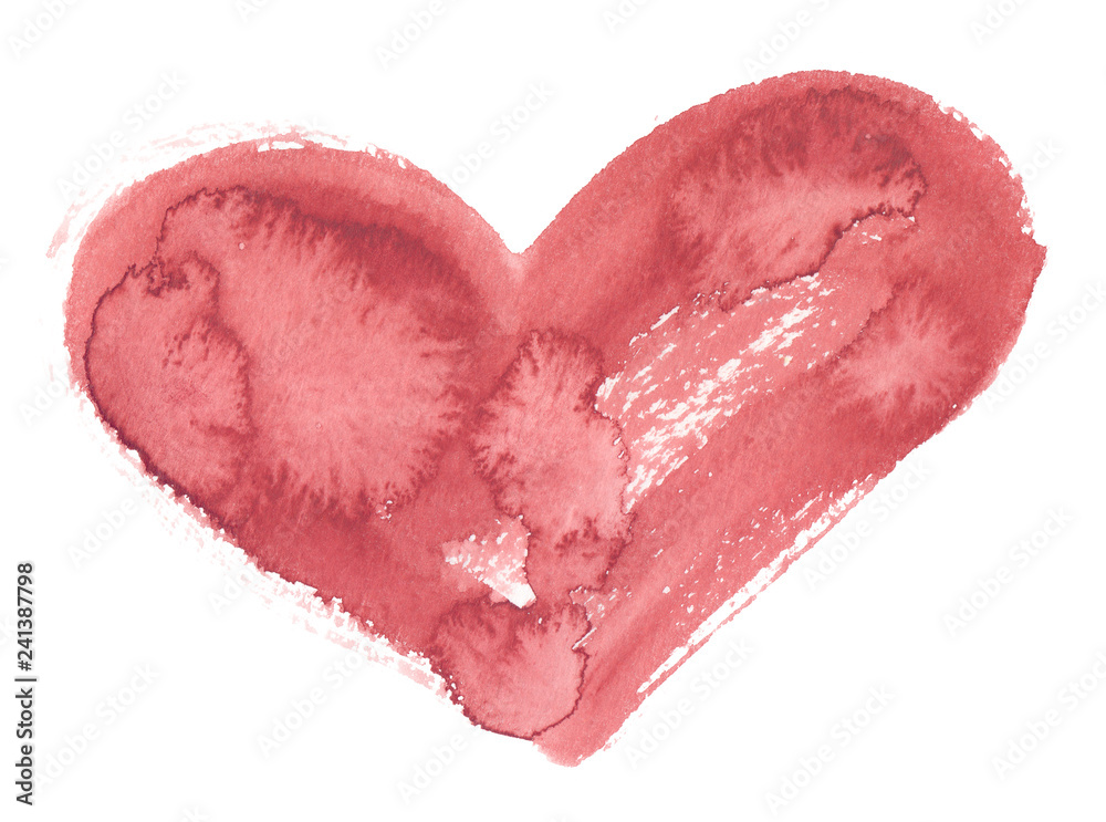 Big red heart hand painted in watercolor on clean white background