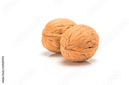 Two native walnuts, close up macro, isolated on a white background.
