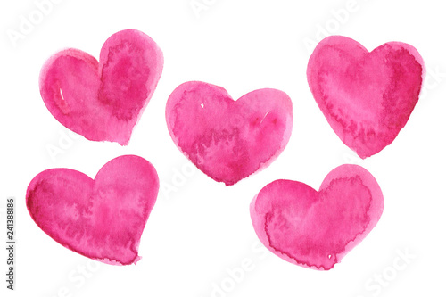 Set of five bright pink hearts hand painted in watercolor on clean white background