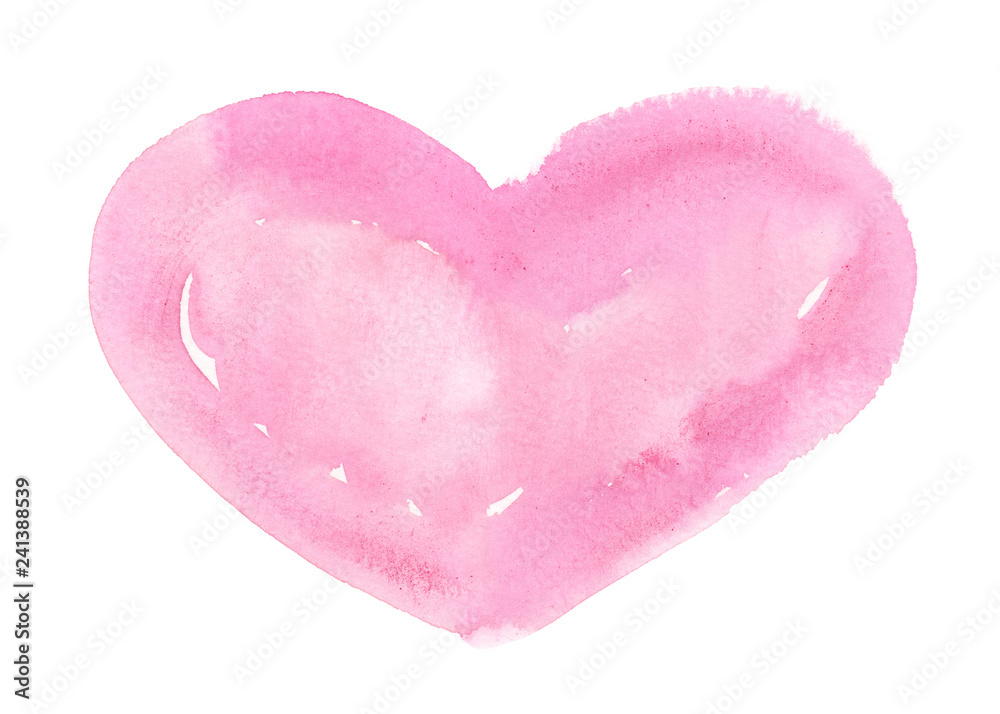 Bid wide pink heart painted in watercolor on clean white background