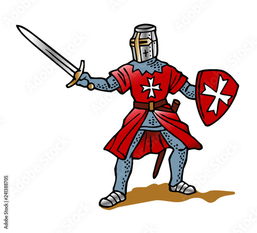 Templar knight with sword and shield red with white cross clipart