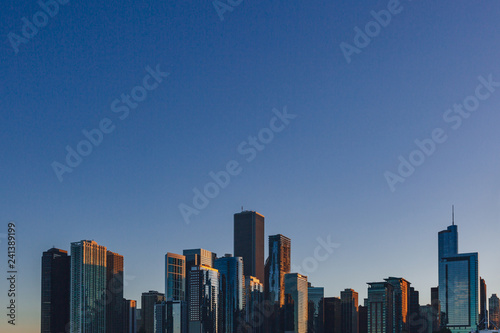 Skyline of downtown Chicago  USA at dusk viewed from Lake Michigan