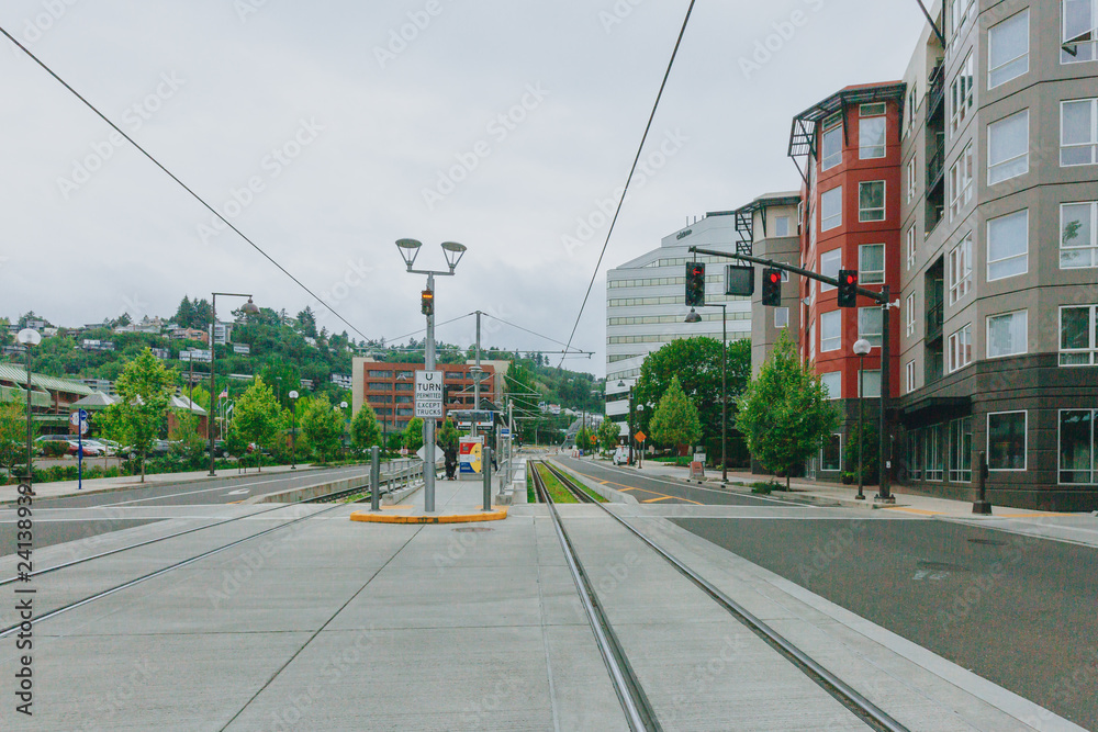 Tram tracks and buildings in downtown Portland, USA