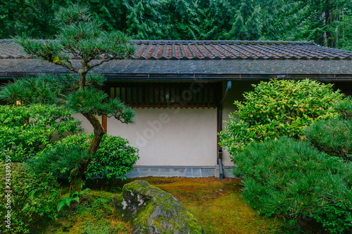 Traditional house among trees at Portland Japanese Garden, Portland, USA