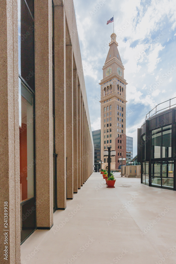 Historical clock tower and buildings in downtown Denver, USA