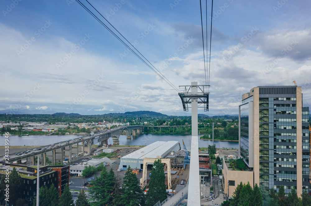 Willamette River and landscape from aerial tram in Portland, USA