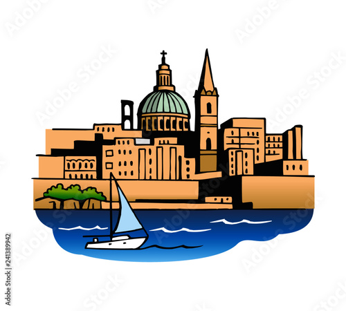 Valletta city Malta cathedral harbor sea and boat clipart