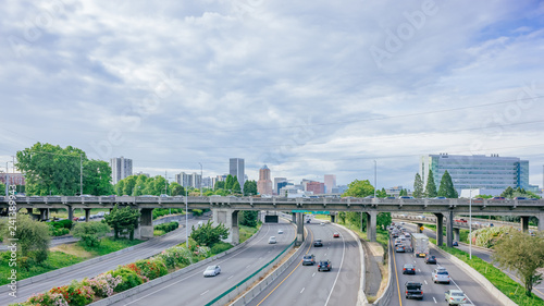 Highway leading to skyline of downtown Portland, USA