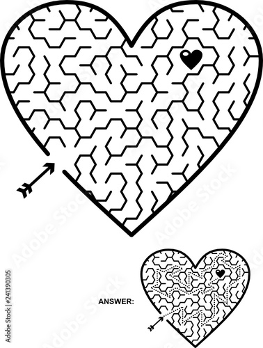 Valentine's Day, wedding, romantic, etc., themed heart shaped hexagonal maze or labyrinth game. Suitable both for kids and adults. Answer included.
