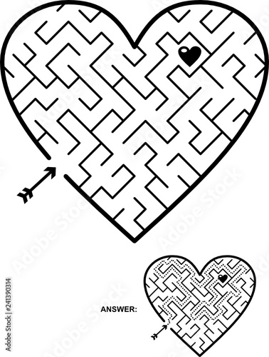 Valentine's Day, wedding, romantic, etc., themed heart shaped diagonal maze or labyrinth. Suitable both for kids and adults. Answer included.
